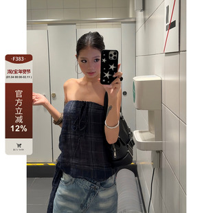 F383 美式复古一字肩背心女暗纹藏青色外穿抹胸辣妹性感修身上衣