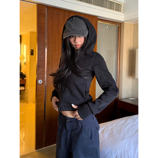 F383 美式复古空气层双头拉链短款连帽卫衣女设计感修身显瘦外套