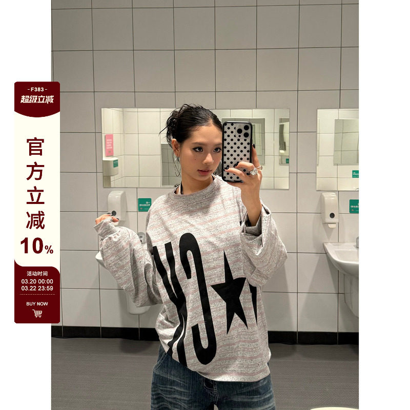 F383 美式复古字母印花条纹长袖T恤男女慵懒风宽松休闲百搭上衣潮