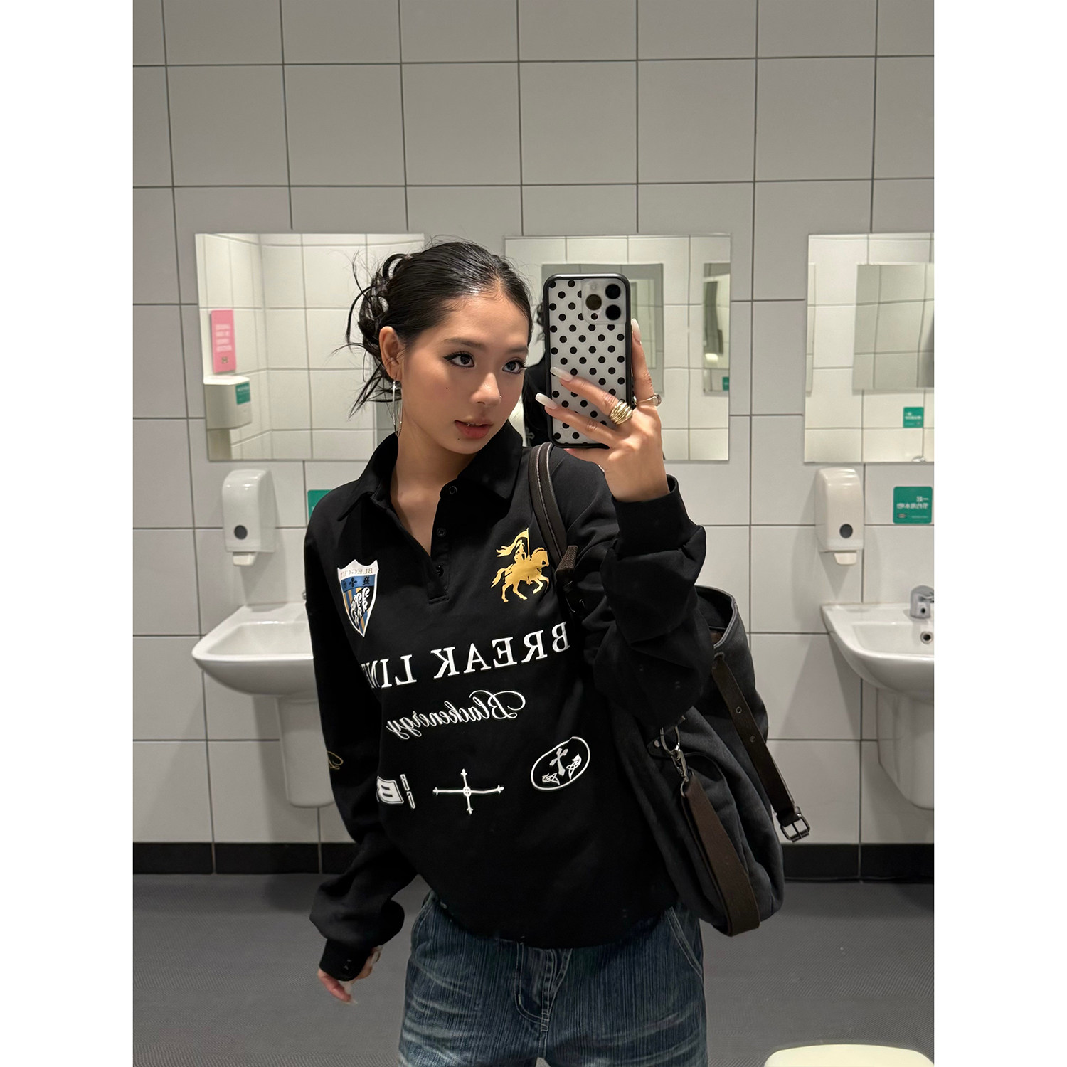 F383 美式复古翻领潮牌印花长袖POLO衫男女宽松街头风情侣T恤上衣