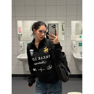 F383 美式复古翻领潮牌印花长袖POLO衫男女宽松街头风情侣T恤上衣