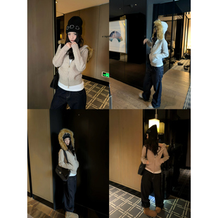 F383 美式复古慵懒麻花毛领连帽针织毛衣开衫修身显瘦保暖上衣ins