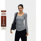 美式 复古辣妹后背蕾丝镂空修身 长袖 F383 t恤女收腰显瘦内搭打底衫