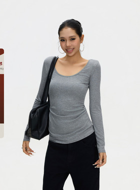 F383 美式复古辣妹后背蕾丝镂空修身长袖t恤女收腰显瘦内搭打底衫