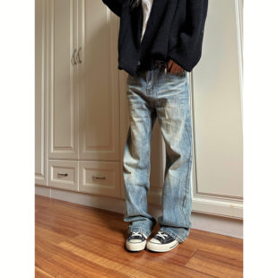 F383 2025美式cleanfit猫须竹节纹做旧牛仔裤潮直筒微喇vibe裤子