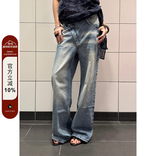 设计感腰头直筒百搭长裤 F383 新款 复古水洗做旧牛仔裤 男女潮 美式