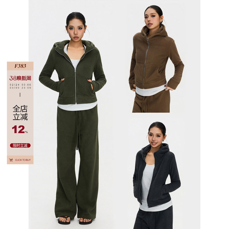 F383 美式复古摇粒绒连帽长袖卫衣女保暖修身拉链开衫短款外套ins