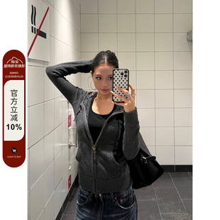 上衣针织开衫 F383 修身 复古拼格拉链帽衫 显瘦百搭毛衣外套女 美式