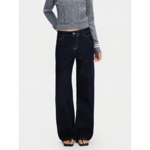 百搭宽松休闲cleanfit长裤 复古直筒显瘦深蓝牛仔裤 子女 美式 F383