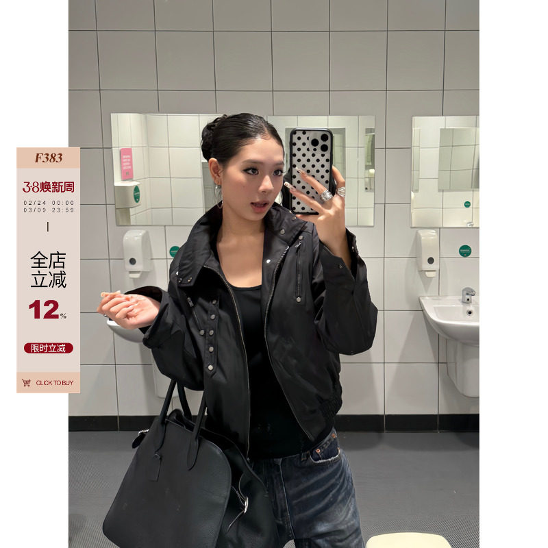 F383 美式复古工装棉服夹克立领短款纽扣刺绣设计飞行员外套女ins