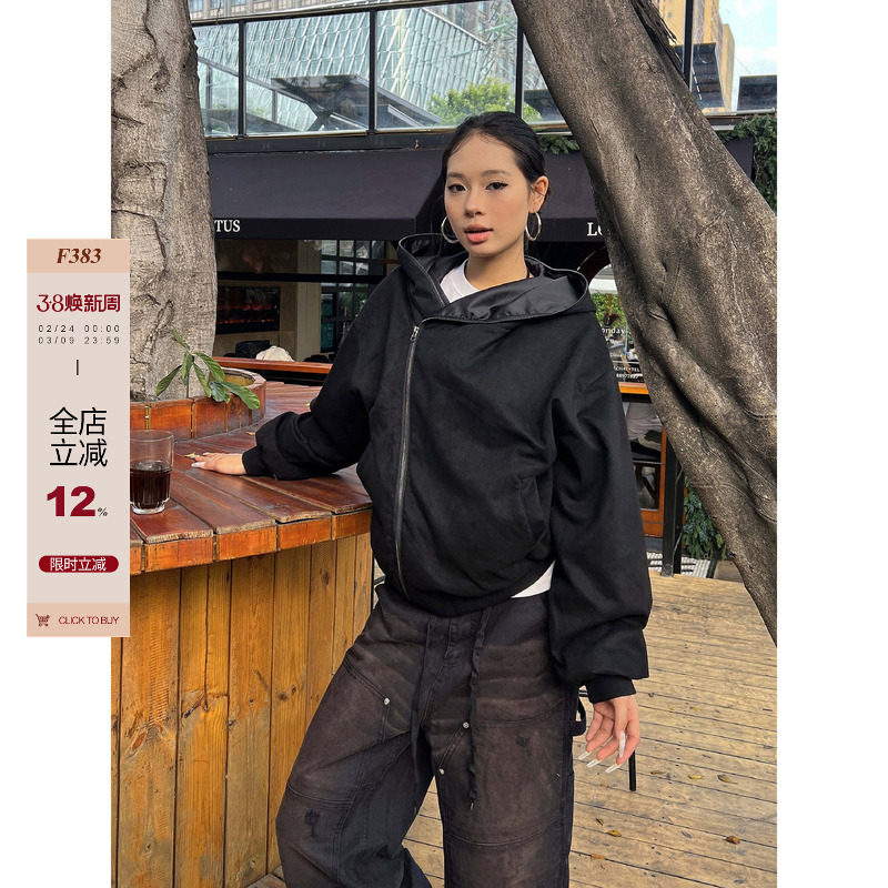 F383 2025美式复古异形解构廓形开衫斜拉链连帽卫衣外套男女ins