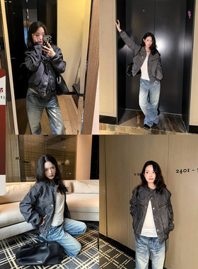 F383 美式复古银灰色哈灵顿夹克男女短款复古水洗做旧显瘦外套ins