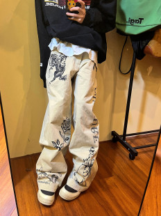 F383 男女 2023AW国潮原创复古手绘图案阔腿垂感遮肉休闲牛仔长裤
