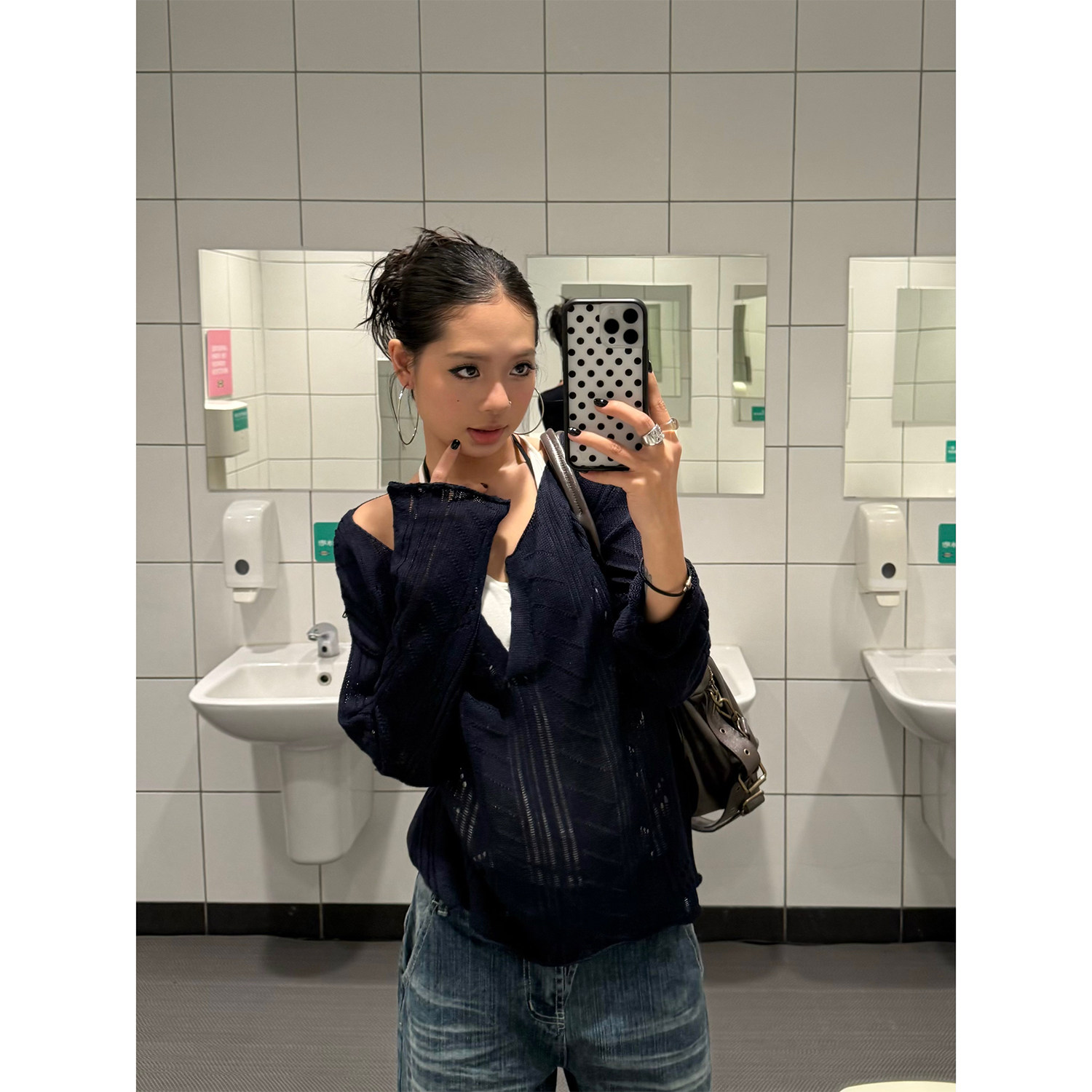 F383 美式复古镂空针织长袖罩衫女新款慵懒风宽松休闲百搭上衣ins