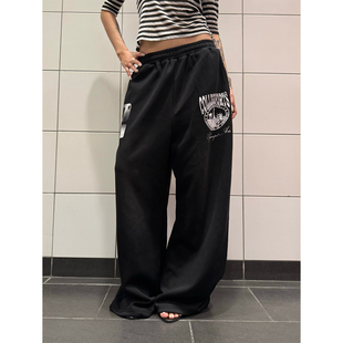 男女宽松休闲百搭拖地长裤 复古字母印花垂感阔腿卫裤 ins 美式 F383
