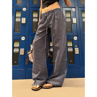 F383 美式复古薄款蓝色格子休闲长裤女夏季新款低腰宽松阔腿裤子