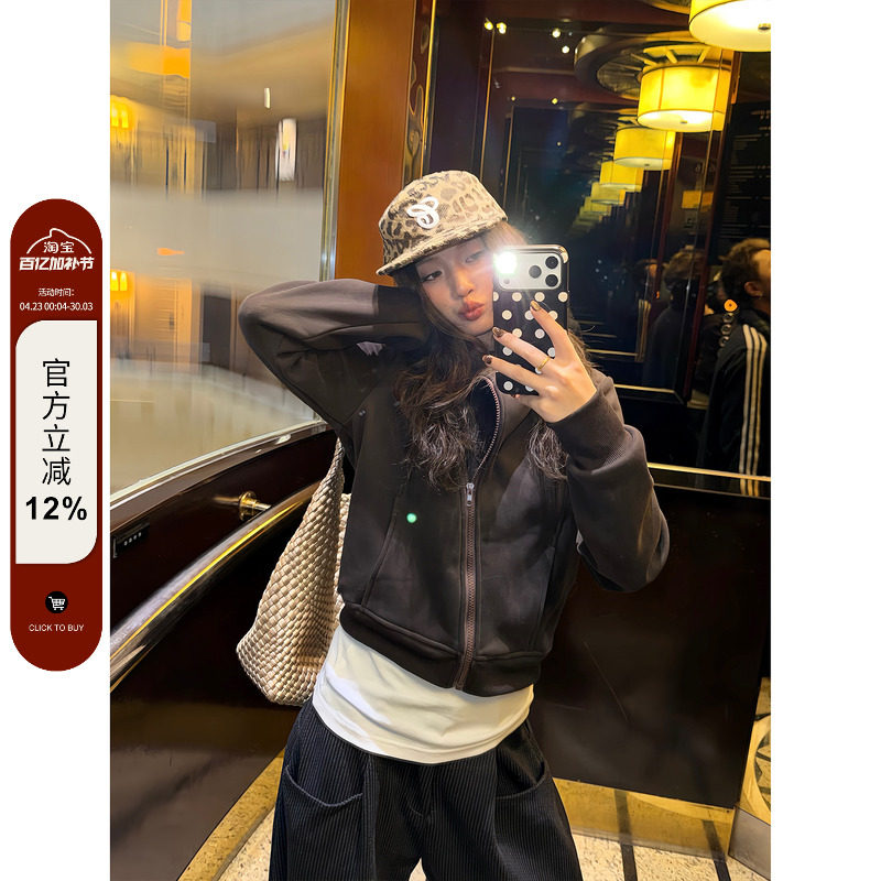 F383 美式复古基础款连帽加绒开衫短款卫衣女秋冬休闲百搭短外套