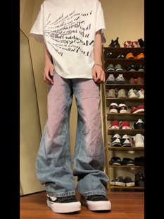 裤 男女涂鸦小众阔腿拖地裤 子 2023AW国潮原创洗水复古牛仔裤 F383