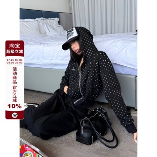 外套女秋款 F383 卫衣辣妹休闲百搭开衫 美式 复古波点满印连帽短款