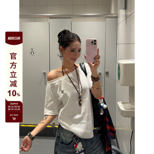 F383 美式复古辣妹基础漏肩短袖t恤女夏季潮牌修身体恤斜肩上衣潮