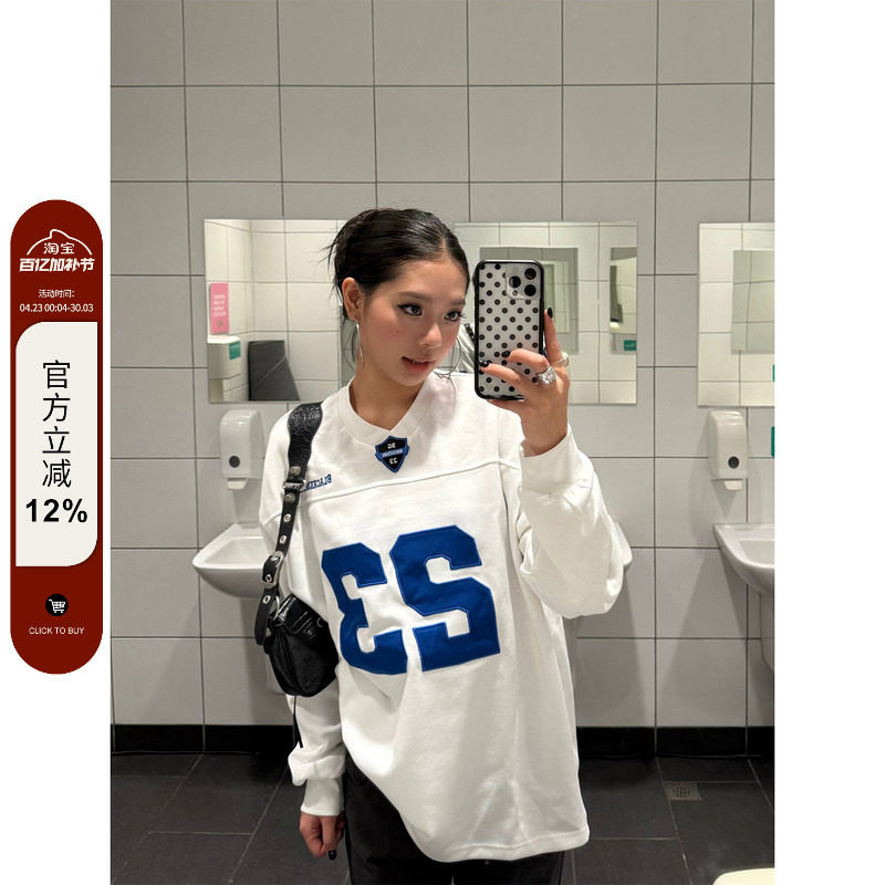 F383 美式复古重磅数字印花运动风长袖T恤男女宽松休闲百搭上衣潮