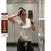 2025美式 复古后背字母印花V领短袖 宽松休闲基础款 F383 打底衫 女