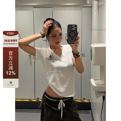 【F383】后背字母印花V领短袖