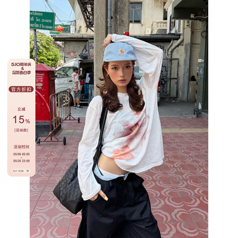 F383 美式复古圆领长袖t恤女春夏季花卉薄款防晒罩衫宽松显瘦上衣