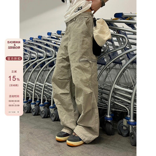 【F383】拉链口袋水洗工装裤