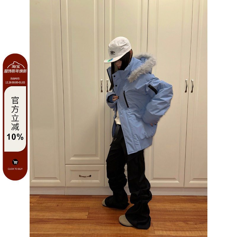 F383 2025美式复古潮牌毛领连帽派克服男女冬季户外保暖棉服外套