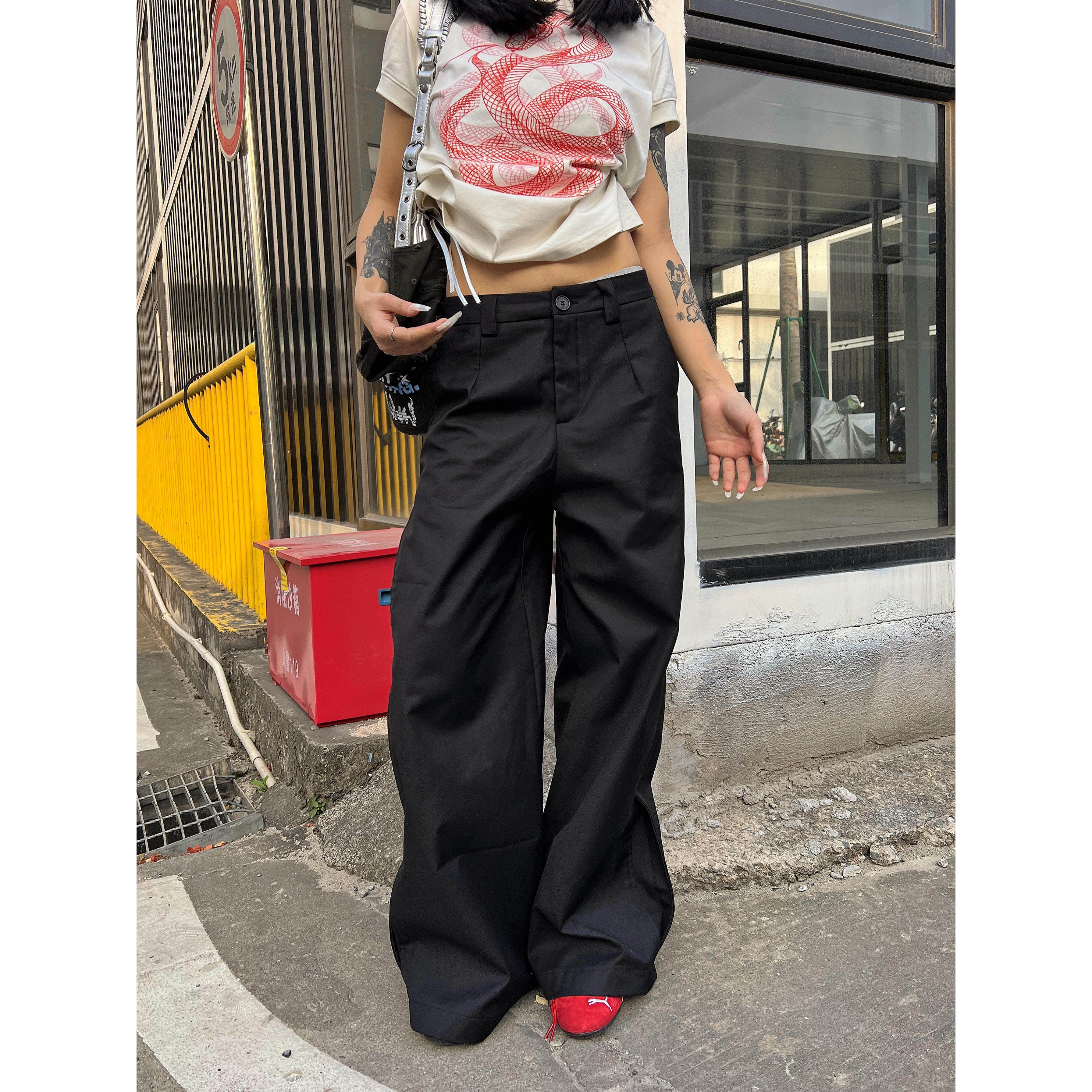 F383 2025美式复古简约百搭基础cleanfit显瘦休闲微喇西裤男女ins