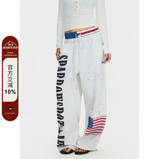 男女慵懒宽松百搭休闲裤 复古字母旗帜印花抽绳阔腿卫裤 美式 F383