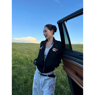 休闲修身 F383 女秋季 复古美拉德爱心刺绣立领针织衫 显瘦外套 美式