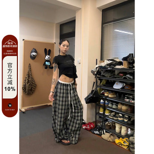 男女爵士舞双腰头拼接宽松阔腿裤 复古慵懒风百搭格子裤 美式 F383