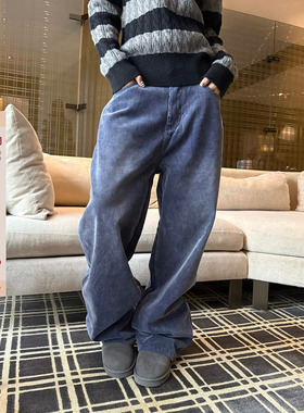 F383 美式复古蓝色水洗灯芯绒阔腿男女秋季cleanfit直筒休闲长裤