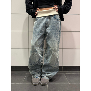F383 美式复古高街设计感做旧牛仔裤女新款螺纹腰头宽松显瘦长裤