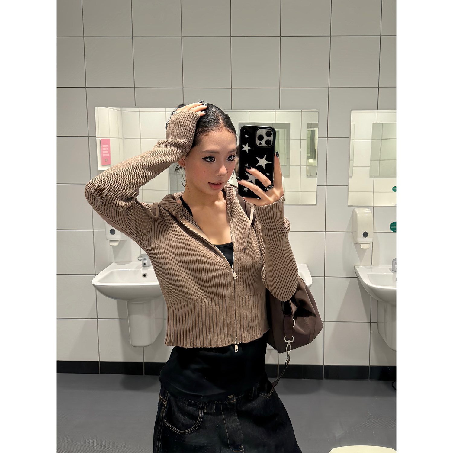 F383 美式复古针织连帽双拉链开衫修身毛衣女短款长袖上衣外套ins