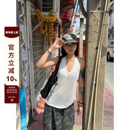 F383字母印花辣妹V领挂脖吊带