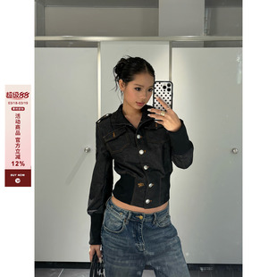F383 美式复古小众单排扣收腰翻领牛仔外套女设计感气质修身上衣
