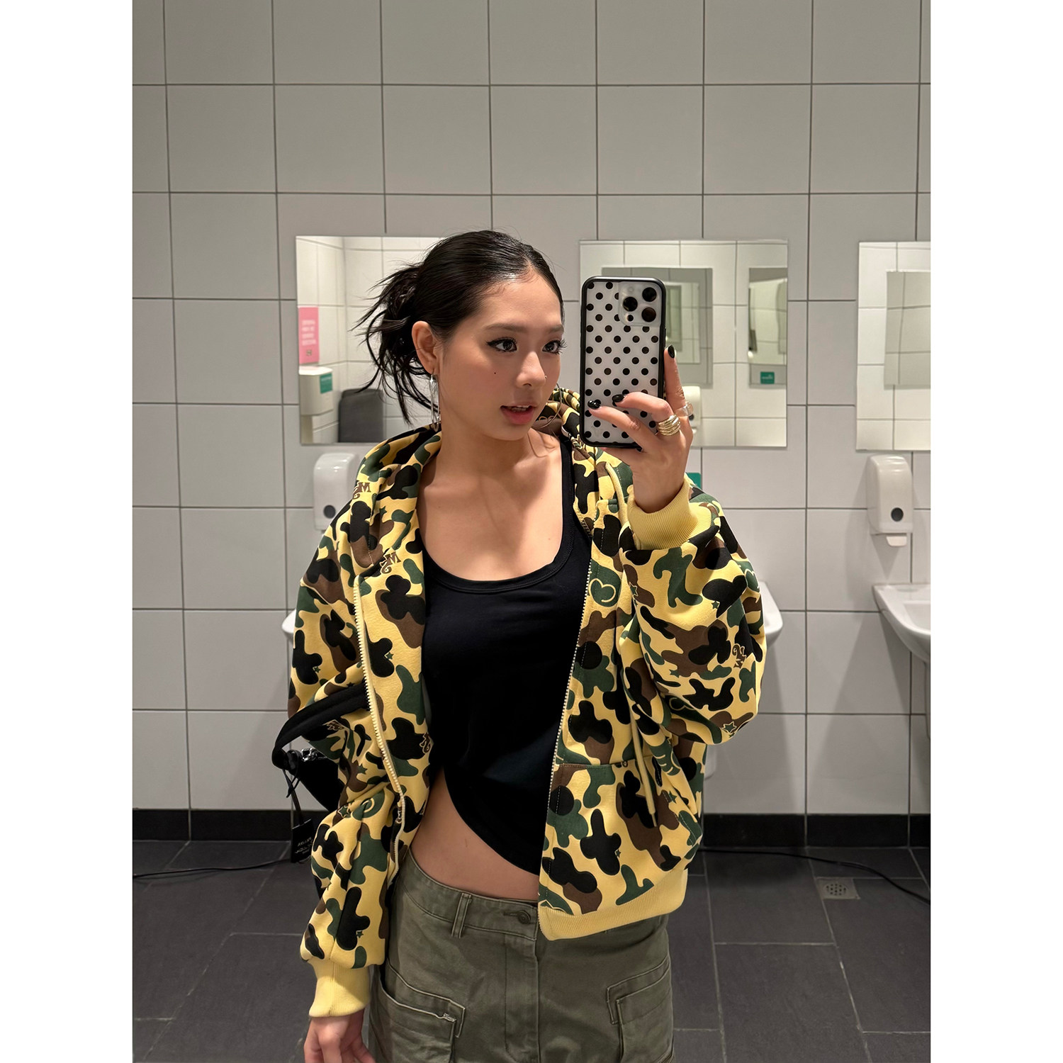 F383 美式复古迷彩印花连帽卫衣开衫男女潮牌宽松休闲街头风外套