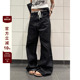 男女街头百搭阔腿长裤 复古黑色赤耳原牛直筒A字牛仔裤 子 美式 F383