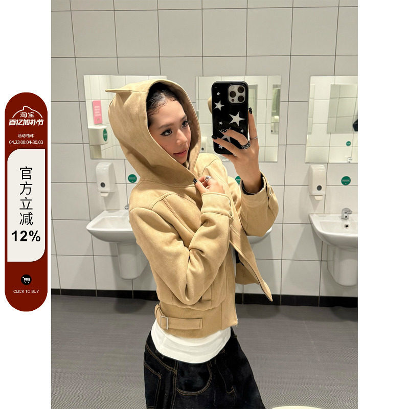 F383 美式复古小恶魔设计短款连帽修身外套女拉链外套夹克上衣ins