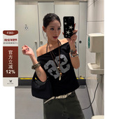 F383 T恤女一字肩辣妹上衣潮夏季 2025美式 复古球衣风斜肩印花短袖