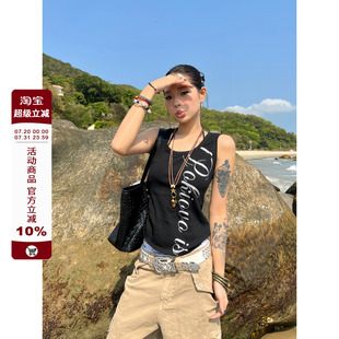 顯瘦工字背心無袖 F383 2025美式 復古字母印花修身 上衣女 百搭短款