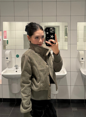 F383 美式复古短款立领修身百搭夹克女收腰显瘦设计感高领外套ins