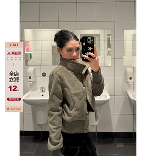 F383 美式复古短款立领修身百搭夹克女收腰显瘦设计感高领外套ins