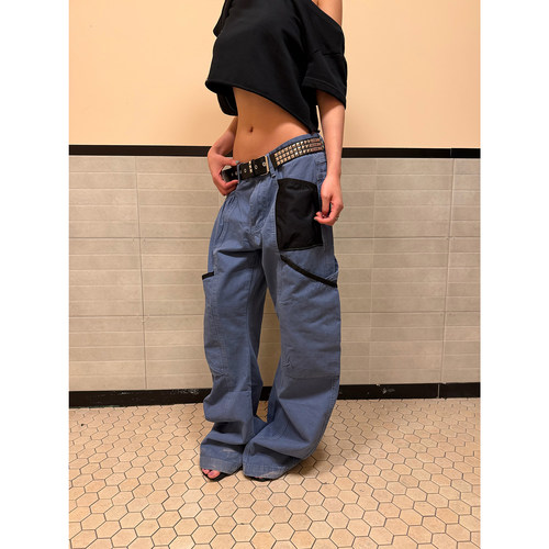 F383水洗交叉多口袋弯刀园丁裤