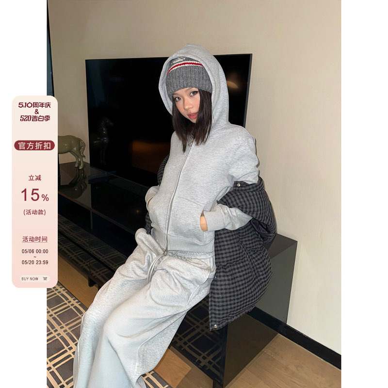 F383 美式复古短款简约显瘦连帽卫衣百搭女宽松基础拉链开衫外套