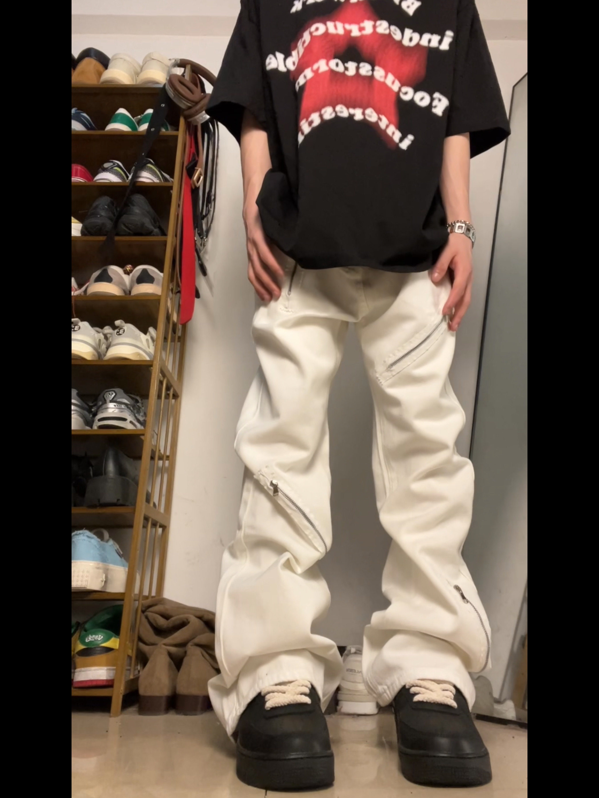 F383 2023AW国潮原创拉链微喇叭牛仔裤男女潮牌美式高街显瘦裤子