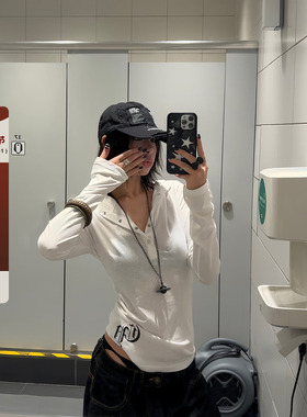 F383 美式朋克长袖连帽T恤哥特风防晒罩衫修身薄纱上衣女辣妹夏潮